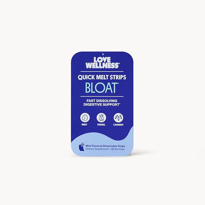 Love Wellness Bloat* Quick Melt Strips - Fast-Dissolving Digestive Support with Mint Fennel and Caraway - Helps Ease Occasional Bloating* - No Water Needed - Vegan and Sugar Free - 32 Strips
