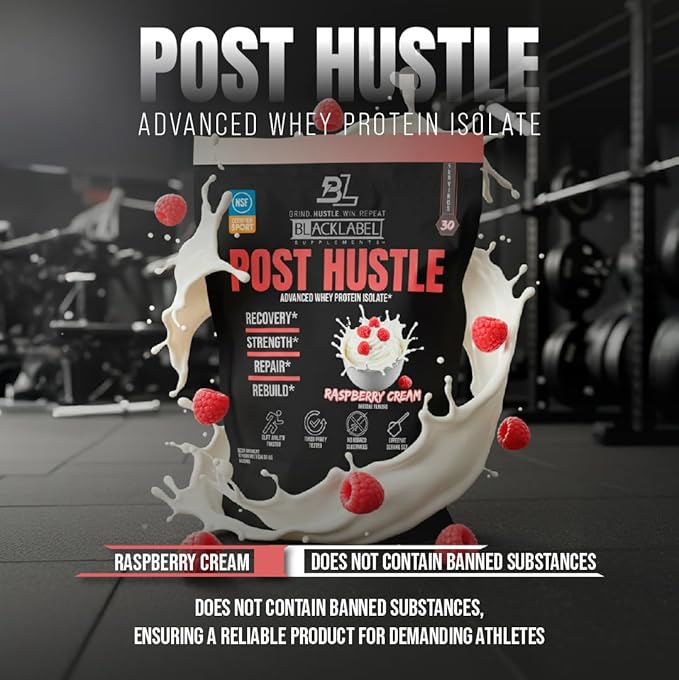 BLACKLABEL Supplements Post Hustle Post Workout Protein Powder 30 Servings – NSF Certified for Sport Whey Isolate Protein Powder with Digestive Enzymes – Raspberry Cream