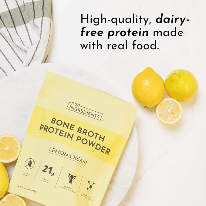 Bone Broth Protein Powder – Lemon Cream | 15 Servings | 21g Grass-Fed Protein per Serving | Dairy-Free | Collagen for Gut Skin &amp Joint Support | Made with Real Food Ingredients