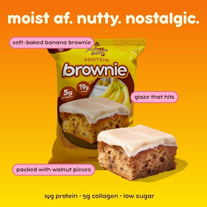 Prime Bites High Protein Brownie (12 Per Box Banana Nut) - 19g of Protein 5g of Collagen Gluten Free Low Sugar Treat Delicious Protein Snack