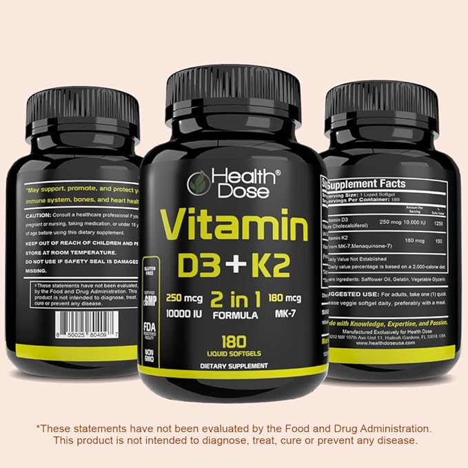 Health Dose Vitamin D3 10000 IU + K2 (MK7) Supplement 2-in-1 Formula Immune Support a Healthy Mood Heart Joint Teeth Bone Health Calcium Absorption 180 softgels. (5)