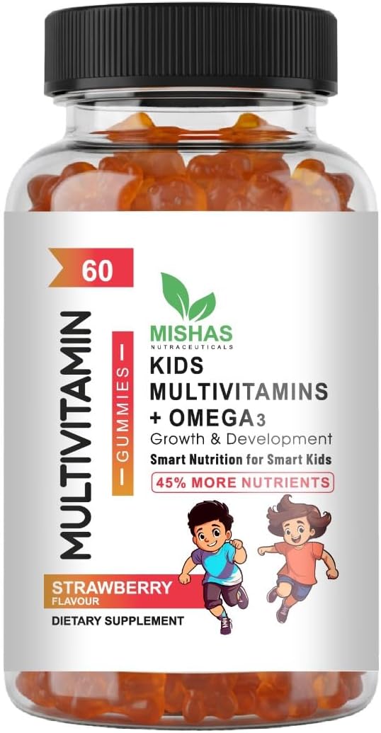 Mishas Nutraceuticals Kids Multivitamin Gummies with Omega 3 Fish Oil (EPA/DHA) Vitamin D3 C B12 B6 Vitamin A K &amp Zinc Immune Support Gluten-Free Three Fruit Flavors 60 Count (30-Day Supp
