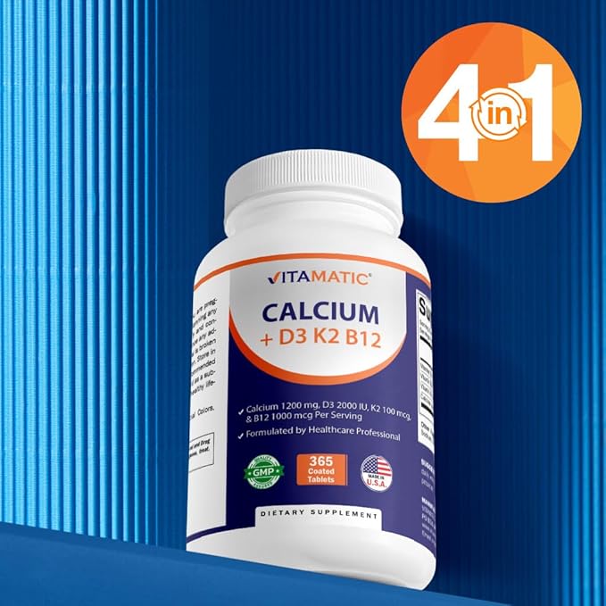 Vitamatic Calcium Supplement 1200mg with D3 K2 &amp B12 Immune &amp Bone Health Support - 365 Coated Tablets- 2 Pack