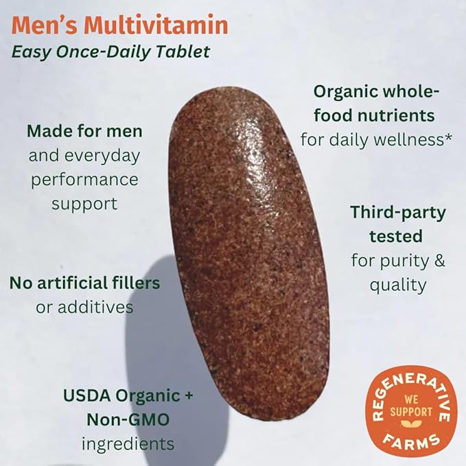 Men’s Multi Once Daily Whole-Food Multivitamin with 19 Vitamins &amp Minerals for Energy Heart Bone Strength Prostate &amp Immune Support Vegan Non-GMO 30 Count