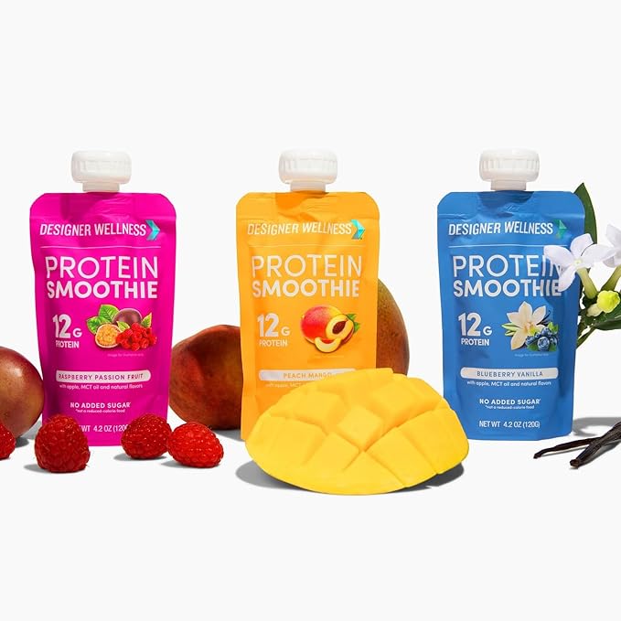 Designer Wellness Protein Smoothie Real Fruit 12g Protein Low Carb Zero Added Sugar Gluten-Free Non-GMO No Artificial Colors or Flavors Super Fruits Variety Pack 12 Count