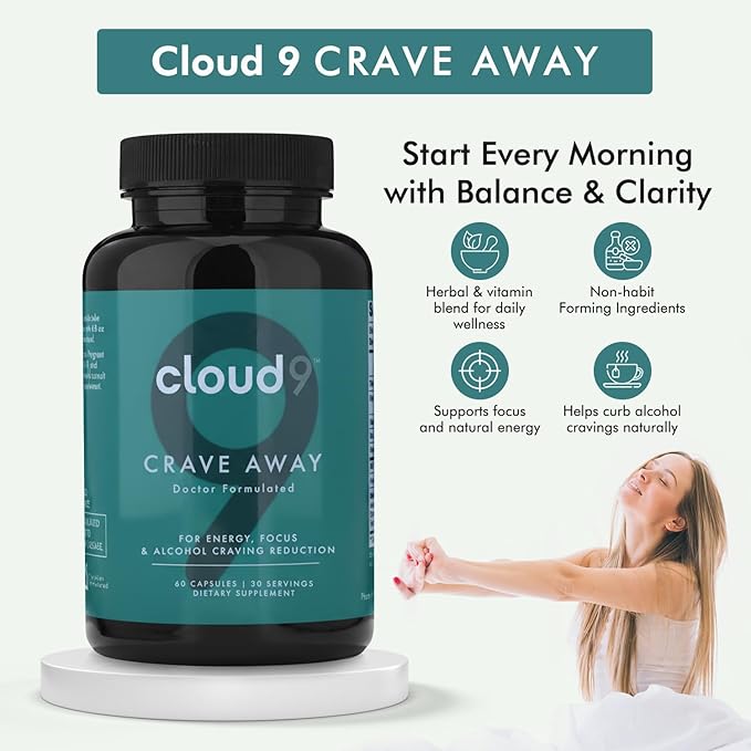 Cloud9 Crave Away - Wellness Supplement for Energy Focus &amp Vitality Support – Daily Balance with Adaptogens Brain Health Support &amp Hydration – Made in USA – 60 Capsules