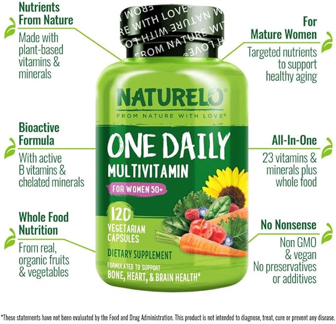 NATURELO Calcium Supplement - for Bone Strength with Calcium 600mg - 240 Vegetarian Capsules and One Daily Multivitamin for Women 50+ (Iron Free) - 120 Capsules - 4 Month Supply Bundle