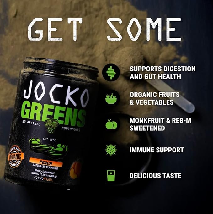 Jocko Fuel Whey Protein Powder Vanilla Daily Greens Peach
