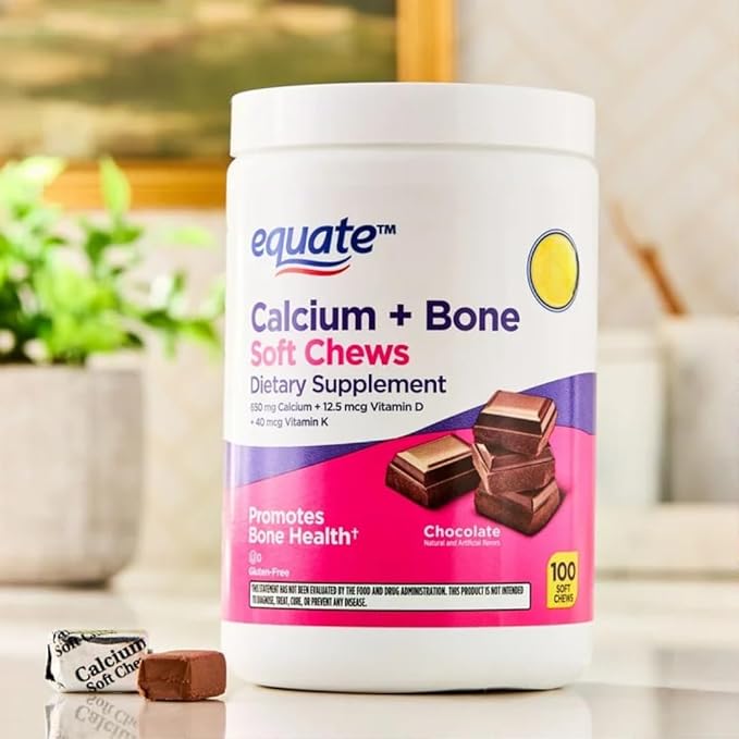 Equate Calcium + Bone Soft Chews Chocolate Flavor 650mg Calcium Vitamins D &amp K 100 Count + AGILIPET Sticker