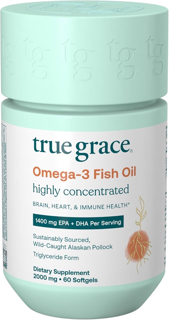 True Grace Omega-3 Fish Oil - 60 Softgels - 1400 mg EPA + DHA - Brain Heart Joint &amp Immune Health - Organic Gluten Free Soy Free