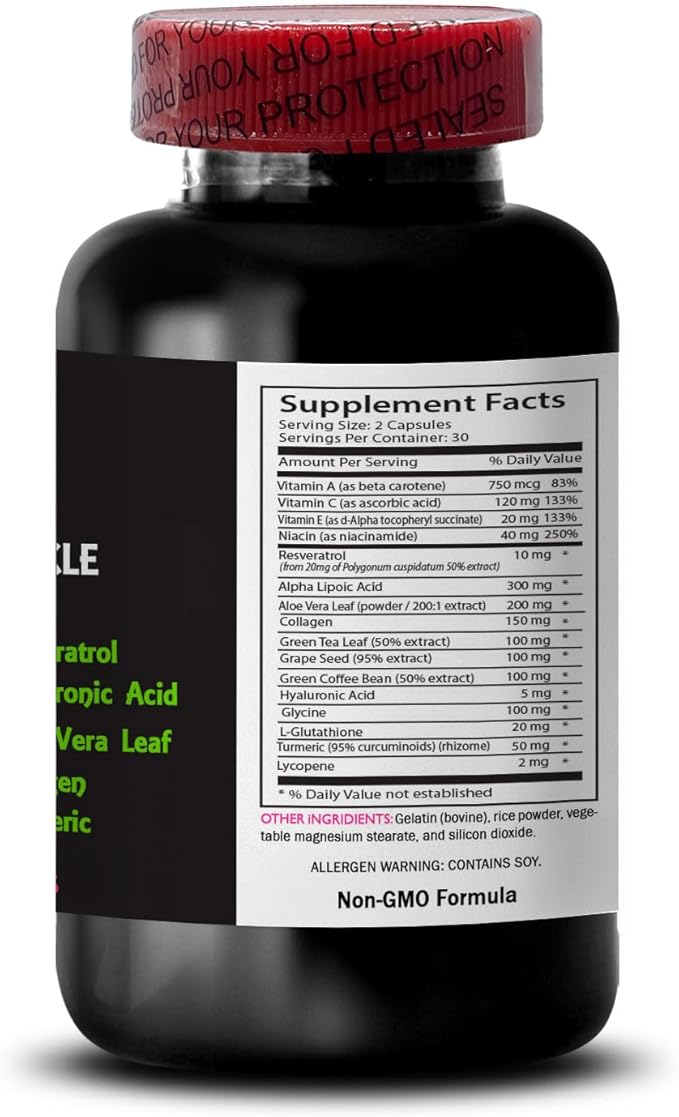 Alpha Lipoic Acid - Anti-Wrinkle Complex - Glycine Hydrating Formula Collagen Boost L-Glutathione Green Tea Leaf Firming Support Aloe Vera Grape Seed Extract Lycopene 2 Bottles 120 Capsules