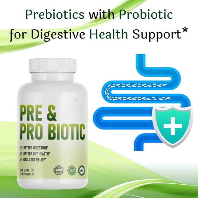 Probiotic and Prebiotic Capsules for Women and Men Gut Health Support for Digestive Wellness- Vegan Non-GMO Gluten Free - 60 Caps (60 Day Servings)