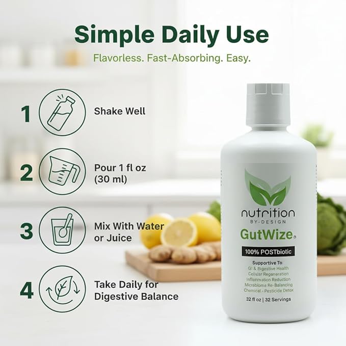 GutWize™ 100% POSTbiotic Liquid Supplement – Gut Health &amp Immune Support – Eases Bloating Gas &amp Indigestion – Shelf-Stable – Vegan Non-GMO Gluten-Free – 30 Servings