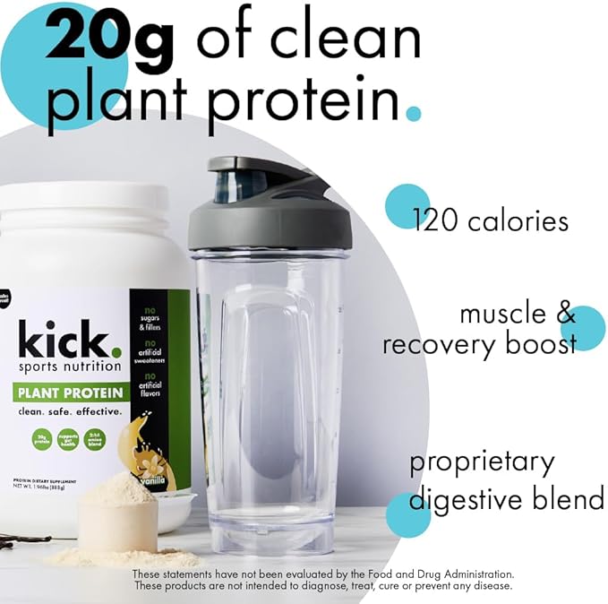 Kick Plant Protein Powder Vanilla Flavor 20 G Protein Gluten Free Workout Supplement with Aminos Acids to Support Fitness Goals &amp Gut Health No Sugar No Artificial Flavors 28 Servings