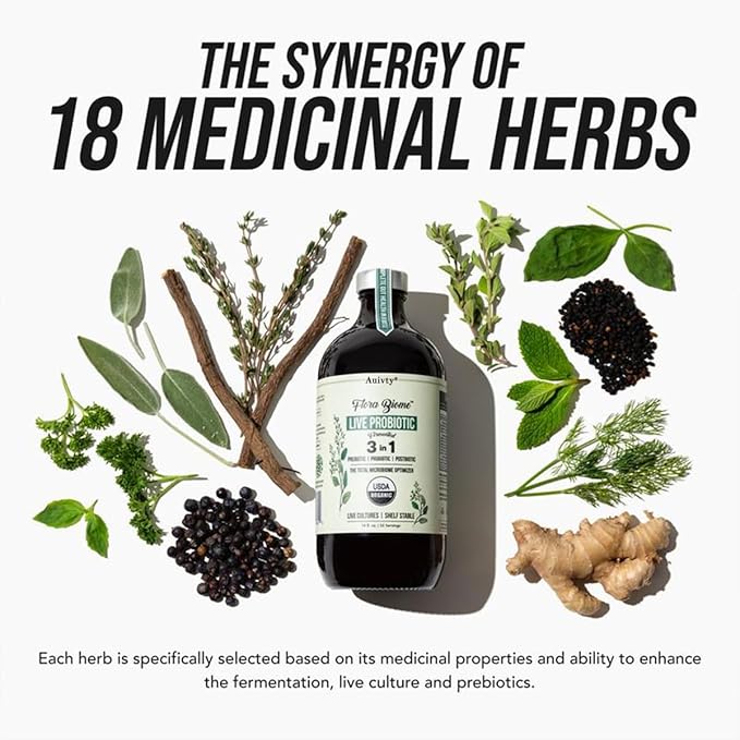 Flora Biome Live Probiotic Liquid 3-in-1 Probiotic + Prebiotic + Postbiotic 30 Billion CFU (at Time of Manufacture) 10 Strains Fermented Herbal Blend with 18 Herbs Shelf Stable 16 fl oz