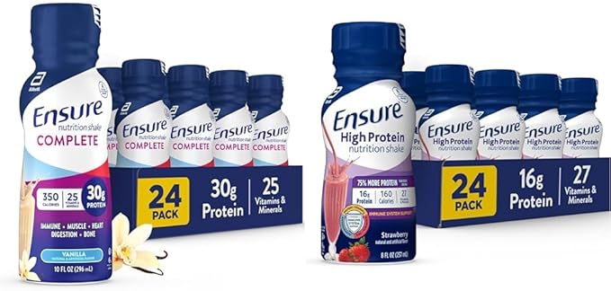 Ensure Complete Nutrition Shake with 30g Protein &amp Ensure High Protein Strawberry Shake Bundle 24 Packs Each