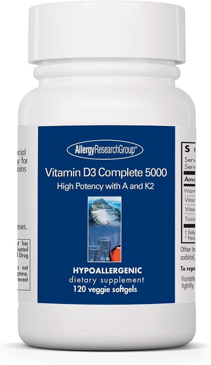 Allergy Research Group Vitamin D3 Complete 5000 - Delivers 125 mcg Vitamin D3 - with Vitamin A &amp K2 - Supports Bone Strength Immune Balance &amp Healthy Mindset - 120 Servings - 120 Capsules