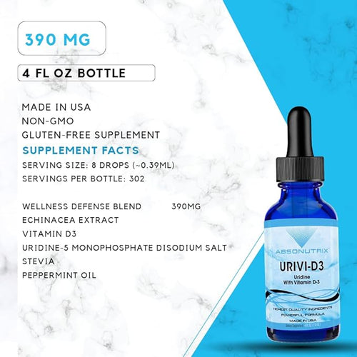Absonutrix UriVi - D3 343 mg 4 FL OZ Liquid 302 Servings Made in USA Plant-Based Ingredients Echinacea Extract Vitamin D3 Gluten-Free