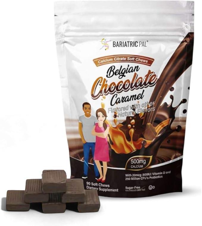 BariatricPal Sugar-Free Calcium Citrate Soft Chews | 500mg with Vitamin D &amp Probiotics | Belgian Chocolate Caramel | 90 Count (1 Month Supply)