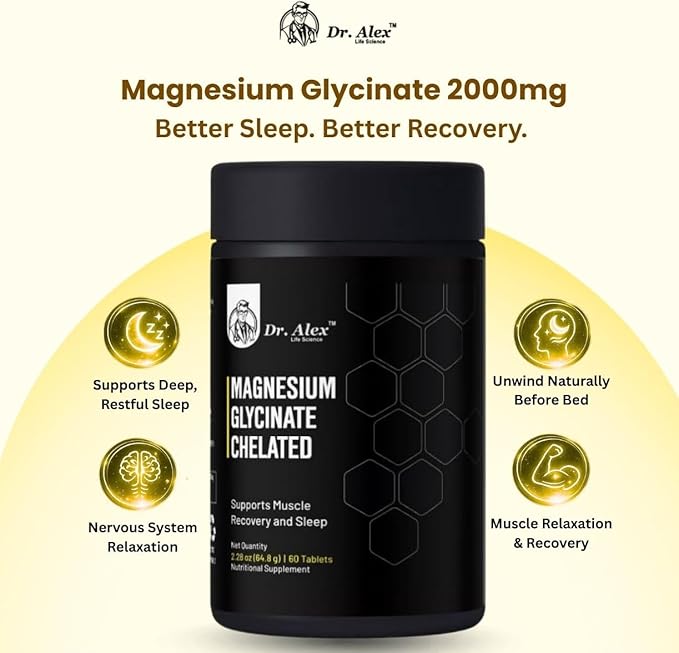 Dr. Alex Magnesium Glycinate Chelated 2000mg - High Absorption Magnesium Supplement for Sleep Muscle Recovery &amp Nerve Support | Pure Magnesium Glycinate Tablets for Women &amp Men | 60 Count