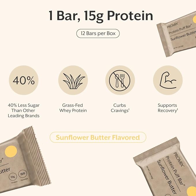 ProMix Nutrition Protein Puff Bars - Sunflower Butter - Marshmallow Crispy Treat - Great Tasting &amp Healthy On The Go Snack - High Protein &amp Low Calorie - Free From Gluten Soy &amp Corn - 12