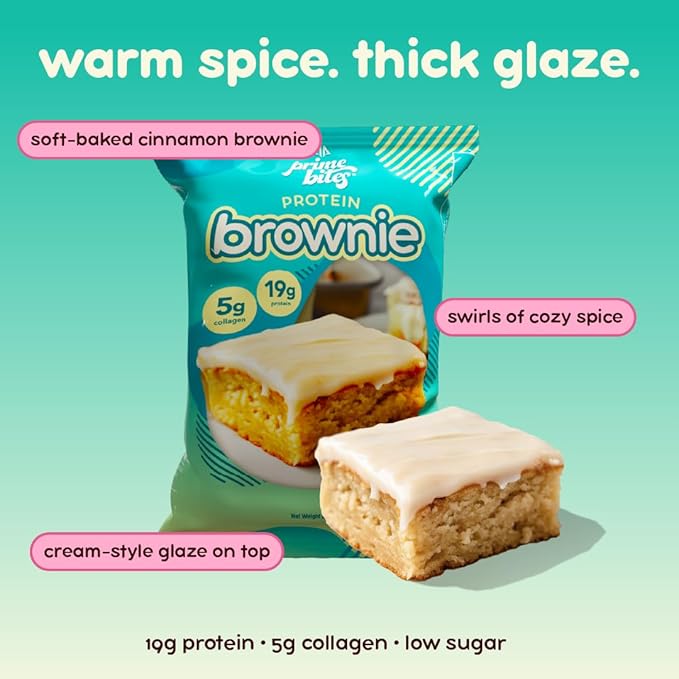 Prime Bites Protein Brownie from Alpha Prime Supplements | High Protein Collagen Fortified Low Sugar Treat | Delicious Snack | 12 Bars per Box (Glazed Cinnamon Roll)