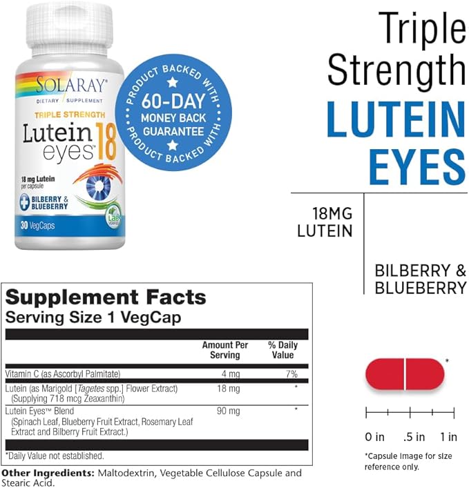 SOLARAY Triple Strength Lutein Eyes 18 mg | Eye &amp Macular Health Support Supplement w/Naturally Occurring Lutein and Zeaxanthin | Non-GMO | 30 Count