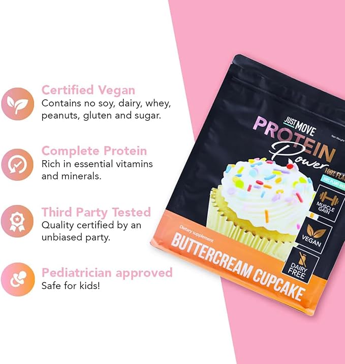 Just Move Protein - Buttercream Cupcake - Vegan (Plant Based) Organic Dairy Free Soy Free Gluten Free Keto Peanut Free 20g Protein Low Carb Non GMO (15 Servings)