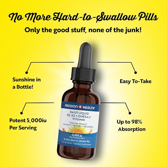 Passion 4 Health Organic Liquid Vitamin D3 K2 (Mk-7) + Omega 3 Supplement - Liquid Vitamin D Drops (5000IU) - Support for Healthy Bones and Muscles