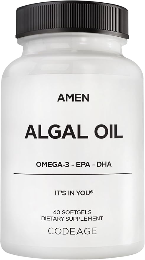 Amen Algal Oil Vegan Omega-3 Supplement – 1000mg DHA &amp EPA Plant-Based Microalgae Oil Non-GMO 60 Softgels