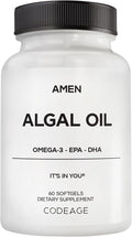 Amen Algal Oil Vegan Omega-3 Supplement – 1000mg DHA &amp EPA Plant-Based Microalgae Oil Non-GMO 60 Softgels