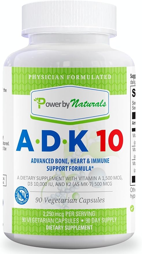 Power By Naturals ADK Vitamin Supplement – ADK 10 High Potency with Vitamins A D3 10000 IU &amp K2 MK7 for Superior Heart Immune &amp Bone Health Support – 90 Capsules 1 Pack (3-Month Supply)