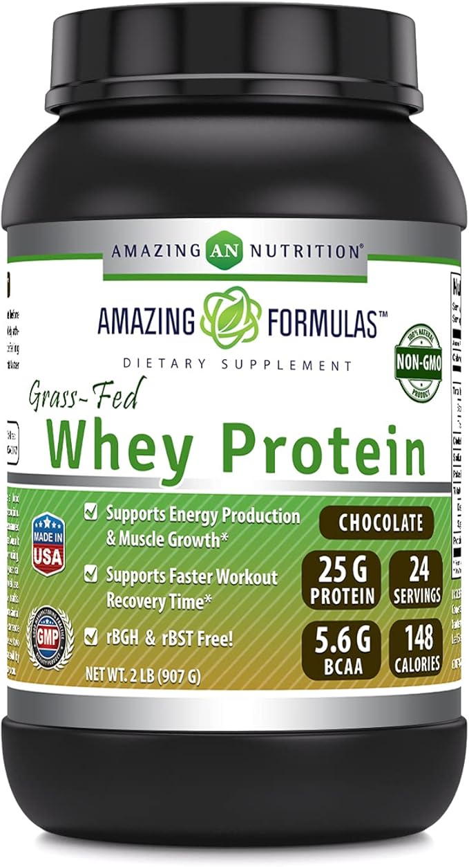 Amazing Formulas Grass-Fed Whey Protein Powder | 25 Grams Protein Supplement | Natural Sweetener and Flavor | Contains BCAA &amp EAA | Non-GMO | Made in USA (2 Lb Chocolate)