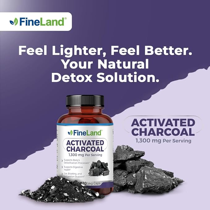 FineLand Activated Charcoal 1300mg - Advanced Digestive Detox Cleanse Helps with Gas and Bloating Circulation &amp Cholesteroal Support - Made in USA 120 Vegan Pills