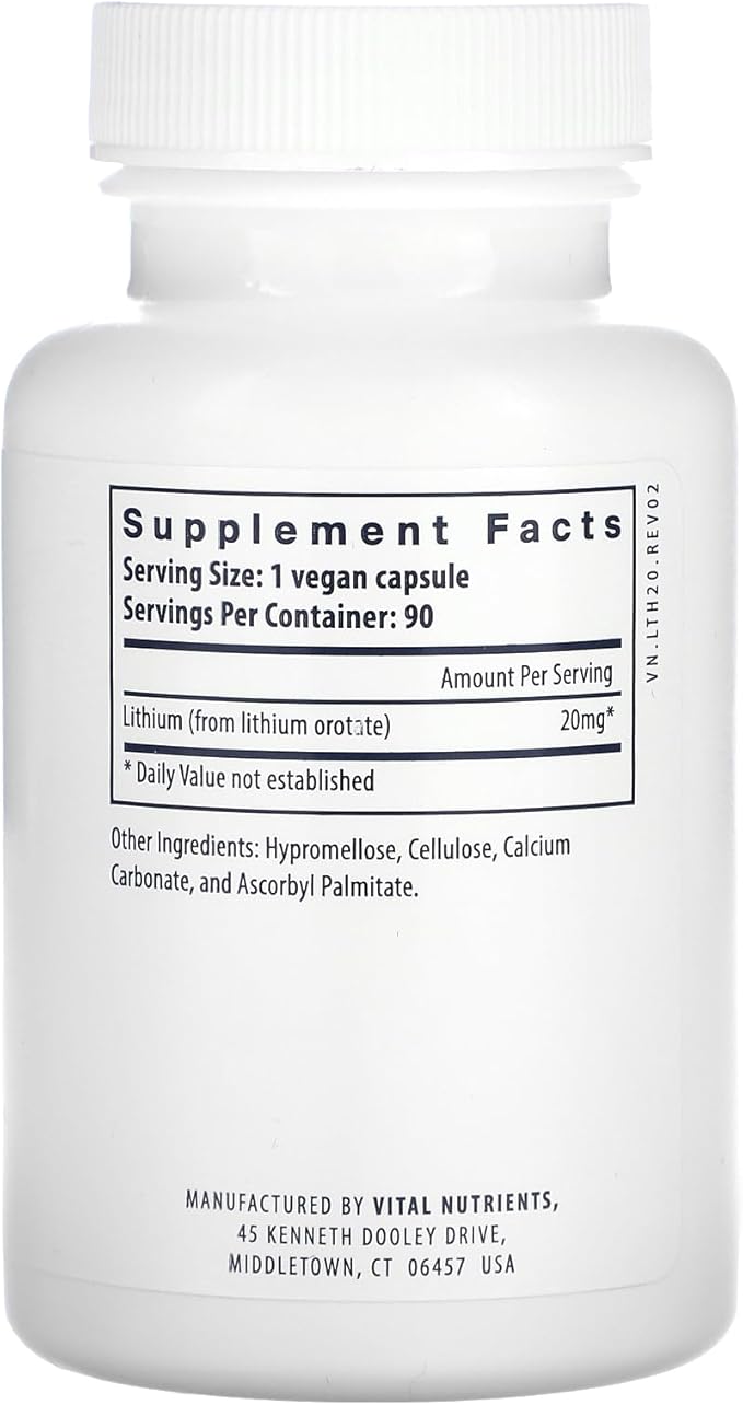 Vital Nutrients Lithium Orotate - Vegan Lithium Supplements for Memory State of Mind and Behavioral Health* - 20mg - Gluten Dairy Soy Free - 90 Capsules