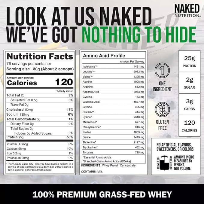 NAKED Whey 5LB 100% Grass Fed Unflavored Whey Protein Powder - Only 1 Ingredient NSF Certified Undenatured Gluten Free Soy Free Promote Muscle Growth and Recovery - 76 Servings
