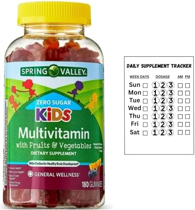 Spring Valley Zero Sugar Kids Multi Gummy 180 Count + Daily Supplement Tracker Sticker