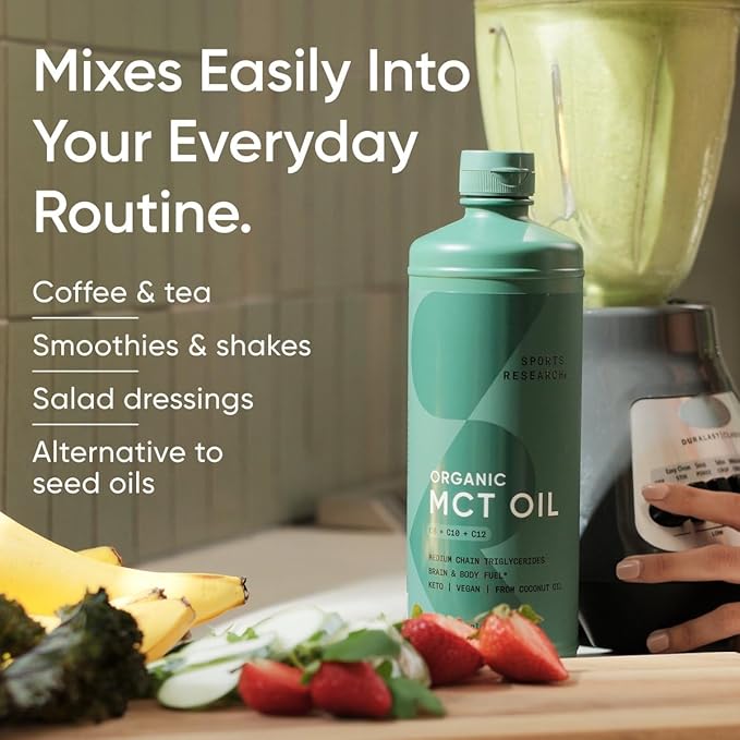 Sports Research Collagen Peptides Hydrolyzed Type 1 &amp 3 Collagen Powder Protein Supplement Keto MCT Oil from Organic Coconuts - Triple Ingredient C8 C10 C12 MCTs and Vitamin D3 K2 with Coconut
