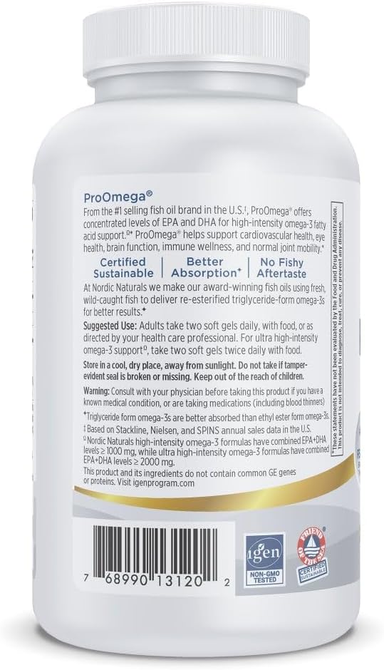 Nordic Naturals ProOmega Lemon Flavor - 120 Soft Gels - 1280 mg Omega-3 - High Potency Fish Oil with EPA &amp DHA - Promotes Brain Eye Heart &amp Immune Health - Non-GMO - 60 Servings