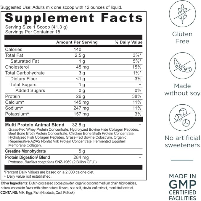 Ancient Nutrition Multi Protein Animal Based Powder + Creatine 26g Protein Grass Fed Whey Bone Broth Collagen Peptides 5g Creatine Monohydrate Colostrum &amp Probiotics Dark Chocolate 15 Serv