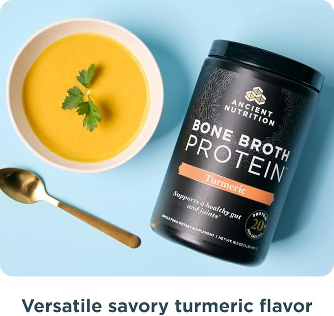 Ancient Nutrition Grass Fed Cage Free Bone Broth Protein Powder 20g Protein Hydrolyzed Collagen Peptides Keto &amp Paleo Friendly Supports Joint &amp Gut Health Turmeric 20 Servings