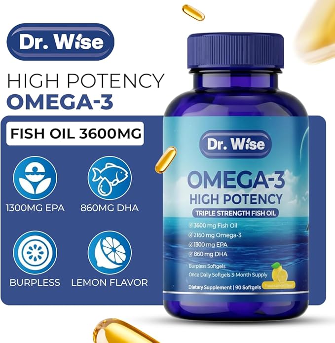 Dr. Wise Omega 3 Fish Oil 3600mg – 2160mg Omega-3 per Softgel (1300mg EPA 860mg DHA) – Triple Strength Once Daily – 90 Burpless Lemon Softgels – 3-Month Supply