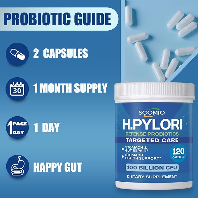H.Pylori Support Probiotic 100 Billion CFU - Lactobacillus Reuteri Mastic Gum Berberine Zinc Carnosine Green Tea | Stomach Comfort &amp Gut Microbiome Care | Delayed-Release Vegan Capsules 120 C