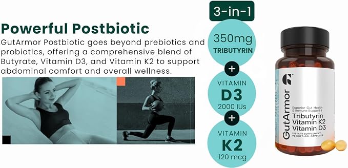 GutArmor Tributyrin Vitamin Complex 180 Softgels 350mg Butyrate with D3 3000IU &amp K2 120mcg Gut Health Support