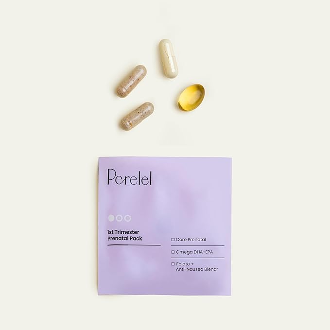Perelel 1st Trimester Prenatal Pack Multivitamin with Folate Vitamin D Omega 3 Iron &amp Ginger Nutritional Support for Early Pregnancy Soy &amp Gluten Free Non GMO 30 Daily Pill Packs