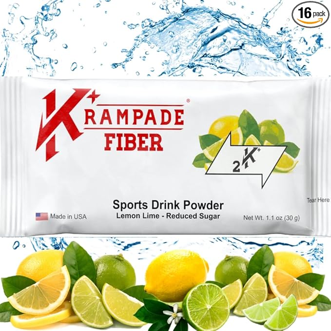 Krampade High Fiber High Potassium Electrolyte Powder Low Sugar Lemon Lime 9g Dietary Fiber 3950mg Electrolytes 2000mg Potassium 50mg Mag Digestive Health Support Cramp Relief 16 Packets