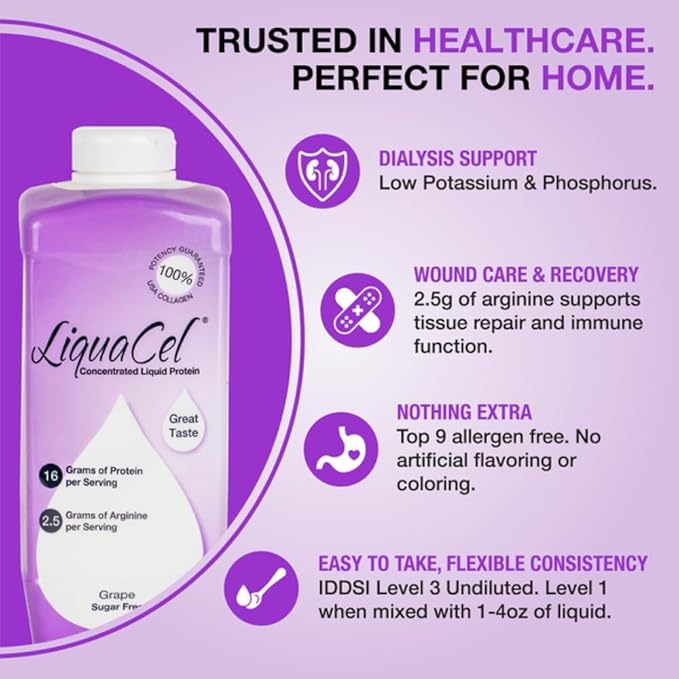 LiquaCel Concentrated Liquid Protein Grape Flavor Ready-to-Drink 16g Hydrolyzed Collagen Protein and 2.5g Arginine Per 1oz Serving Sugar &amp Gluten Free 32 fl oz Bottle