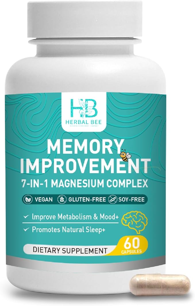 7-in-1 Magnesium Complex Capsules - High Absorption Memory Sleep &amp Mood Support - Magnesium Glycinate Malate Taurate Citrate and More - Vegan Gluten-Free Soy-Free | 60 Capsules