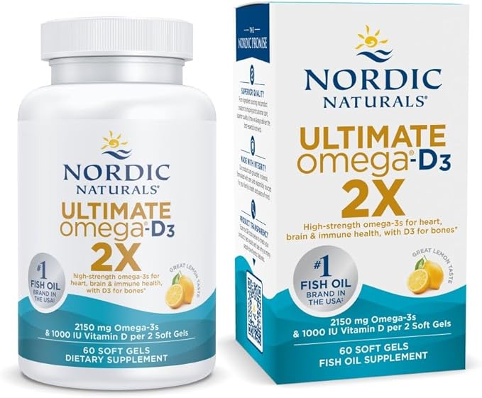 Nordic Naturals Ultimate Omega 2X with Vitamin D3 Lemon Flavor - 60 Soft Gels - 2150 mg Omega-3 + 1000 IU D3 - EPA &amp DHA - Brain Heart &amp Immune Health - 30 Servings