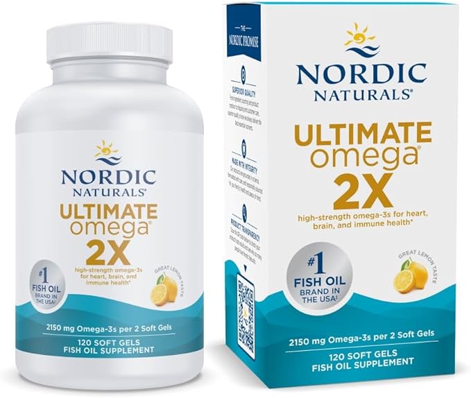 Nordic Naturals Ultimate Omega 2X Lemon Flavor - 120 Soft Gels - 2150 mg Omega-3 - High-Potency Fish Oil with EPA &amp DHA - Promotes Brain &amp Heart Health - Non-GMO - 60 Servings